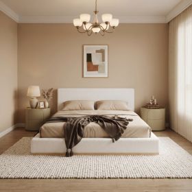 Elegant White Fabric Upholstered Bed With Nice Wood Grain Textured Natural Solid Wood Base Frame,White,Queen