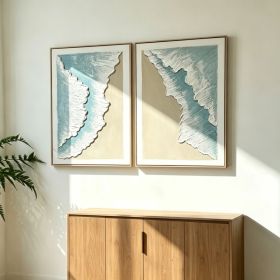 24x32 Set of 2 Framed Ocean Wave Wall Art, Aqua Blue & Beige Textured Canvas Painting, Coastal Beach Decor for Living Room Bedroom, Ready to Hang