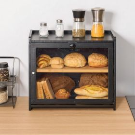 Double Layer Bread Box For Kitchen Counter Bamboo Storage Bread Container Black