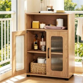 Natural Modern Engineered Wood Bathroom Cabinet With Open Compartment, Anti-Toppling Tall Storage Cabinet With Magnetic Door Catch For Living Room Ent