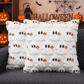 Halloween Ghost Cream White Throw Pillow Covers Pumpkin Soft Plush Faux Fur Jacquard Cushion Case Decoration For Sofa Couch Set Of 2