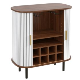 28in Fluted Wine Bar Cabinet With 8-Grid Wine Rack, 5 Level Adjustable Shelves, 2 Glass Holders, Smoothly Sliding Tambour Doors, 4 Hidden Storage Spac