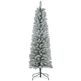 6ft Artificial Christmas Tree, Snow Flocked Branches, Metal Base, Pencil Xmas Tree
