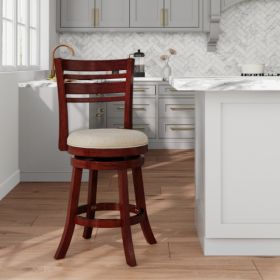 24 Inch Counter Height Slat Back Swivel Stool, Cherry Finish, Beige Fabric Seat