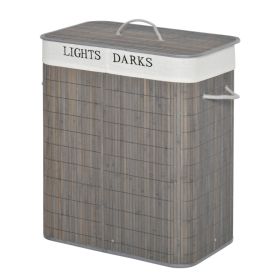 Bamboo Laundry Basket with Lid and String Handles, Collapsible Laundry Hamper with 2 Removable Bags, Gray