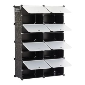 4-Tier Shoe Rack with Side Hooks, 32-Pair Capacity Sturdy Metal Frame Storage Organizer, White&Black Plastic Panel Shelf for Entryway, Bedroom&Dressin