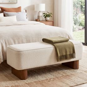Modern Upholstered Ottoman Bench, Thickly Padded Footrest with Warm Beige Fabric & Brown Rubberwood Legs, Indoor Accent Ottoman