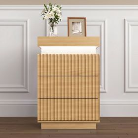 Set Of 2 Natural Nightstand Set Of 2 With Charging Station & LED Lights, Fluted Wave Panel Bedside Table With Sliding Top Hidden Storage, Night Stand