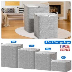 4 Pack Foldable Non Woven Storage Bags Closet Organizers Wardrobe Sorting Baskets With 2 Handles Dustproof Lid Zipper For Clothes Quilt 30L 110L 150L