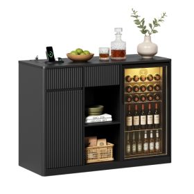 51.2inch Modern Fluted Bar Cabinet With Fridge Compartment Fridge Not Included, Adjustable Shelves & Built-in Power Outlets, Multipurpose Wine Storage