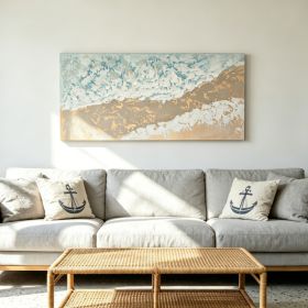 24x48 Neutral Beach Landscape Canvas Wall Art, Hand-Painted Thick Textured Coastal Painting, Aqua Blue & Beige Decor for Living Room, Ready to Hang