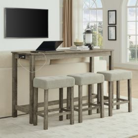 59 Inch Bar Table, Dining Table, Sofa Table With Power Outlet, 3 Upholstered Stools, 4 Piece Bar Table And Chair Set For Living Room, Dining Room, Kit