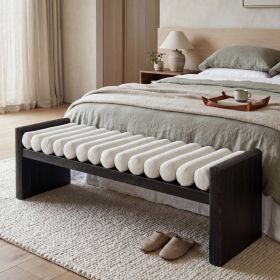 62.8" Modern Chenille Upholstered Bench, Rubberwood Frame Ottoman Bench with Rolled Cushions, Indoor Entryway Bench in Natural/Black Finish