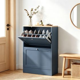 Slim Shoe Storage Cabinet, 2 Flip Drawers & Adjustable Shelves, Holds 8-12 Pairs, Blue