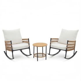 3-Piece Patio Rocking Chair Set, Wicker Outdoor Furniture With White Cushions, Black Metal Frame