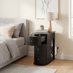 Modern End Table With Hidden Cup Holder Drawer, Charging Station & Pull-Out Side Table, Wooden Bedside Table With 2 Storage Drawers, Space Saving End