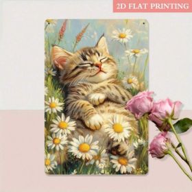 Vintage 2D Flat Sleepy Kitten Metal Sign,Field Retro Cat Wall Art Decor