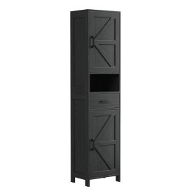 Tall Bathroom Storage Cabinet Wood Slim Freestanding Cabinet With 2 Barn Doors 1 Drawer Adjustable Shelves For Entryway Black