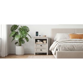 Nightstand With Charging Station And USB Port Wood Farmhouse Side End Table With 2 Drawers And Open Shelf For Bedroom Gray