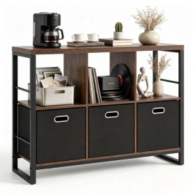 Industrial & Rustic Storage Cabinet, 3 Open Shelves & 3 Foldable Fabric Drawers Console Table, Heavy-Duty Metal Frame Horizontal Bookcase for Entryway
