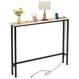 39.4" Narrow Console Sofa Table with Power Outlets and USB Ports, Skinny Couch Table with Metal Frame and Charge Station with 4.9ft Extension Cord, Oa