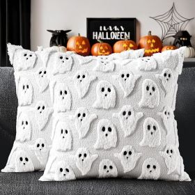 2 Pcs White Halloween Pillow Covers 18x18, Cute Ghost Cushion Cases For Sofa, Couch, Bed And Spooky Home Decor