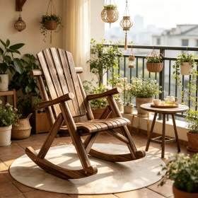 Outdoor Wooden Rocking Chair Single-Person Rocking Patio Chair with Rustic High Back Slatted Seat And Backrest Carbonized for Indoor Backyard Garden