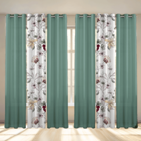 6-Panel Window Curtain Set, Sage Green Floral & Solid Color Combo, 38" x 84" Each, Light Filtering Decorative Drapes with Stainless Steel Grommet