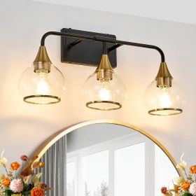 23" Modern 3-Light Vanity Wall Sconce - Black and Gold Bathroom Light Fixture with Clear Glass Shades, Industrial Wall Mounted Lamp for Mirror, V