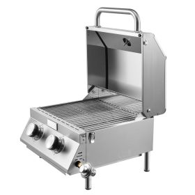 Tabletop Gas Grill, 2-Burner Stainless Steel Portable Propane Grill, with Built-in Thermometer, Travel Locks, Weatherproof Lid, 15,000 BTU Total
