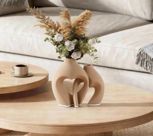 Brown Vases for Decor, Heart Shaped Ceramic Vase Set of 2, Nordic Heart Shaped Vases