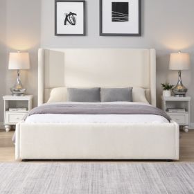 Elegant White Fabric Upholstered Bed with Tall Headboard, White, Queen