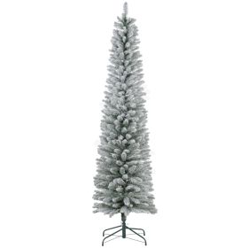 7ft Artificial Christmas Tree, Snow Flocked Branches, Metal Base, Pencil Xmas Tree