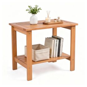 2-Tier Eucalyptus Wood Patio Side Table, Rustic Outdoor End Table with Slatted Tabletop & Bottom Shelf, Stable Reinforced Bistro Table for Garden Balc