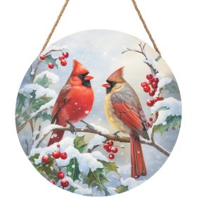 Winter Welcome Sign For Front Door, Cardinal Bird Wooden Door Hanger, Round Christmas Holiday Decor For Porch, Wall, Yard & Home