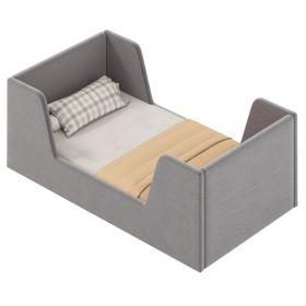 Gray Upholstered Toddler Bed Velvet Wooden Slat Frame for Kids No Mattress