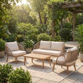 4-Piece Acacia Wood Patio Seating Set, Curved Tub Design Outdoor Loveseat & Chairs with Woven Rope Accents, Weather-Resistant Cushions & Slatted Coffe