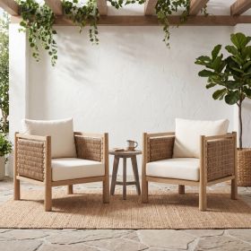 Set of 2 Outdoor Acacia Wood Patio Chairs, Light Brown PE Wicker Woven Armchairs with Beige Cushions