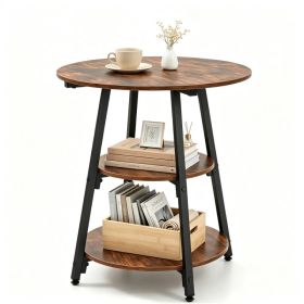 Rustic Brown Black 3Tier Side End Table, Metal Frame Nightstand with 2 Open Storage Shelves, Adjustable Foot Pads Industrial Sofa Side Table for Bedro