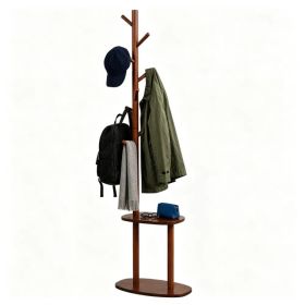 Freestanding Wooden Coat Rack with 8 Staggered Hooks & 2 Storage Shelves, Rubber Wood Hall Tree Organizer for Entryway Bedroom Living Room