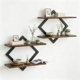 Black Rustic Brown 2Tier Floating Wall Shelves Set of 2, Diamond Metal Frame Wall Mounted Storage Shelves for Living Room Kitchen Bedroom Office Decor
