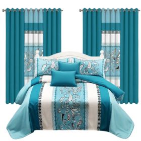 9 Piece Room In A Bag Quilt And Curtain Set, US Designer Turquoise Aqua Blue Paisley Scroll Print Heavyweight Bedspread With 6 Customizable Window Pan (Option: Queen)