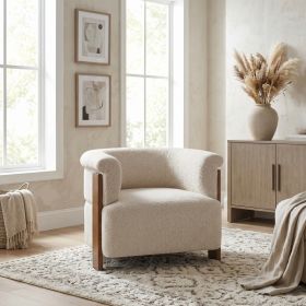 31.7" Mid-Century Curved Barrel Accent Chair with Vertical Solid Wood Legs, Soft Textured Teddy Fleece Upholstered Armchair, Modern Curved Wrap Around (Option: Almond)