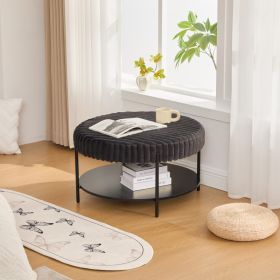 30.9"Wide Upholstered Round Ottoman Coffee Table Foot Rest with Black Metal Legs, Footstool with Wooden Open Storage Shelf,Faux Fur Footstool for Livi (Option: Charcoal)