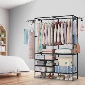 Garment Rack Heavy Duty Metal Shoe Clothing Organizer Shelves Freestanding Multifunctional Clothes Wardrobe (Option: Black)