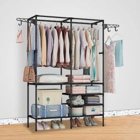 Metal Garment Rack Shoe Clothing Organizer Shelves Freestanding Multifunctional Clothes Wardrobe (Option: Black)