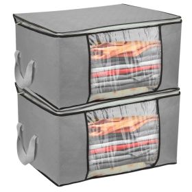2Pcs Clothes Storage Bag 90L Large Capacity Foldable Closet Organizer W/ Thick Fabric Clear Window Dual-Zipper (Option: Grey)