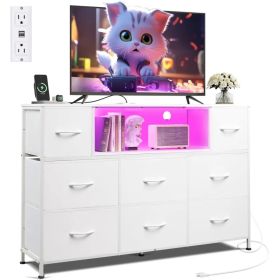 Dresser TV Stand For 45, 50, 55 Inch TV, Entertainment Center With LED Lights & Charging Station, Chest Of Drawers With 8 Fabric Drawers And Open Shel (Option: White)