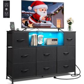 Dresser TV Stand For 45, 50, 55 Inch TV, Entertainment Center With LED Lights & Charging Station, Chest Of Drawers With 8 Fabric Drawers And Open Shel (Option: Black)