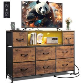 Dresser TV Stand For 45, 50, 55 Inch TV, Entertainment Center With LED Lights & Charging Station, Chest Of Drawers With 8 Fabric Drawers And Open Shel (Option: Brown)